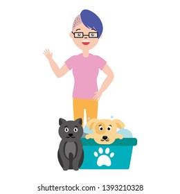 woman and animals pet grooming