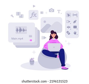 Woman animator sitting and creating video project at laptop. Motion designer tools