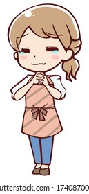 A woman in an anime-style apron with tears in her eyes, crying and apologizing
