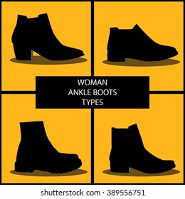 Woman ankle flat heeled type shoes vector set