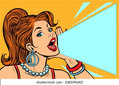 Woman announcing discount. Lady shouts protests. Pop art retro vector illustration comic cartoon kitsch vintage drawing