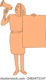 a woman was announcing something on a speaker while holding a board