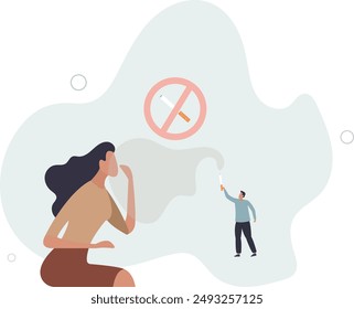 Woman annoyed by smoking. Breathing problems, healthy lifestyle, health care. Negative effects and consequences for others.flat design.illustration with people.