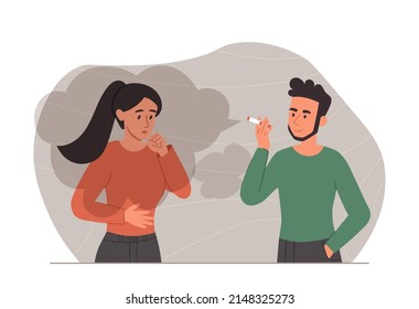Woman annoyed by smoking. Girl coughs from smoke of guys cigarette. Breathing problems, healthy lifestyle, health care. Negative effects and consequences for others. Cartoon flat vector illustration