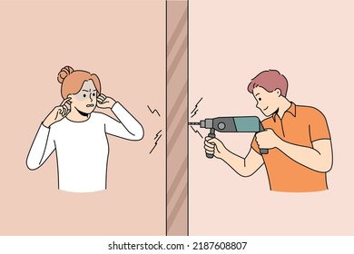 Woman Annoyed With Loud Neighbor Making Home Repair. Male With Drill Bother Female Neighbour With Unbearable Noise Indoors. Vector Illustration. 