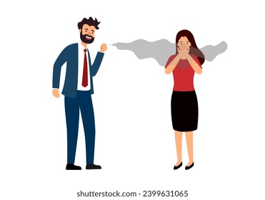 Woman annoying cigarette smoke in flat design on white background. Passive smoking.