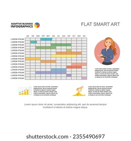 Woman with annual schedule or report vector illustration. Cartoon drawing of business scheme, infographic or brochure. Management, finances concept for business report or presentation slide
