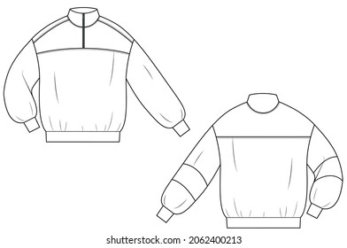 Frauenanorak in Vektorgrafik.Band fiel Schulterlangleinenanorak mit Lautärmeln, dekorativen Nähten, Nacken und Metallzipper. Vorlage für einzelne Modeboutiquen.Schematische Vorder- und Rückseite 