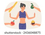 Woman with anorexia and dystrophy refuses to eat, standing among hands with fruits and pastries. Thin girl experiences food aversions due to anorexia caused by dieting for weight loss for too long.