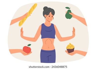 Mujer con anorexia y distrofia se niega a comer, de pie entre las manos con frutas y pasteles. Chica delgada experimenta aversión a los alimentos debido a la anorexia causada por hacer dieta para perder peso durante demasiado tiempo.