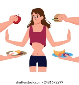 Woman with anorexia and dystrophy refuses to eat, standing among hands with fruits and pastries. Thin girl experiences food aversions due to anorexia caused by dieting for weight loss for too long.