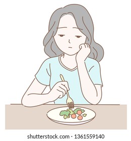 A woman with anorexia, holding a fork in hand, poking green vegetables, there is a green salad on the table