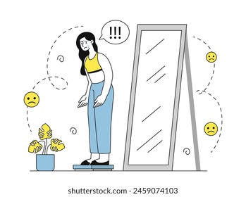 Mujer con anorexia simple. Chica joven de pie cerca del espejo con reflejo. Bulimia y enfermedad mental. Problemas psicológicos y desorden. Depresión y frustración. Doodle Ilustración vectorial plana