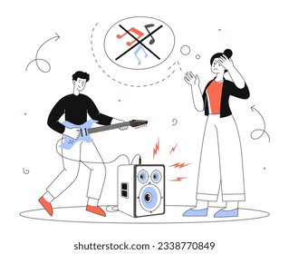 Woman with anoying music line concept. Young disgruntled girl stands near stage with rock band. Man playing electric guitar loud songs with loudspeakers. Linear flat vector illustration