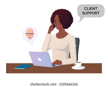 Woman Answering Call and Working on Computer, Illustration Concept For Support, Business and Call Center