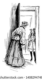 A Woman Answering The Door To Find A Young Girl, Vintage Line Drawing Or Engraving Illustration