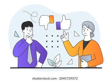 Woman answers man. Choice of one of two options. Evaluation of information, dialogue, report. Thumbs up or down as good or bad feedback. Cartoon flat vector illustration isolated on white background