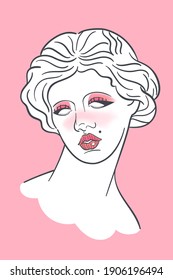 Woman antique bust with fashionable makeup. Vector greek statue with modern cat eye eyeliner and cute pink blush. Old statue portrait in postmodern style, trendy parody