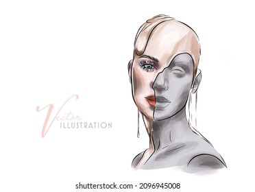 Woman antique bust with fashionable makeup. Vector greek statue with modern cat eye eyeliner and cute pink blush. Old statue portrait in postmodern style, trendy parody