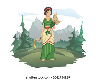 A woman in antique clothes with a sickle and ears of wheat. Forest and mountain landscape in the background. The Goddess of fertility, Demeter or Ceres. Vector illustration isolated on white.