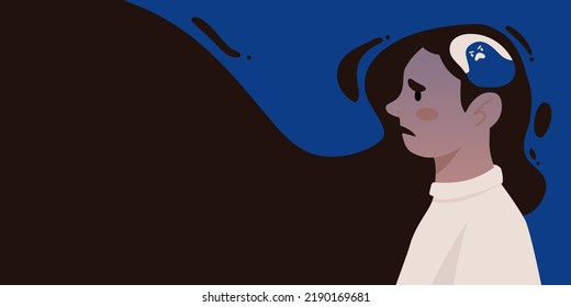 Woman anxiety attack. Frustrated woman with mental problem experiencing fear, sorrow, negative thoughts. Depressed woman in thought. Schizophrenia, inner voices. Flat vector web banner