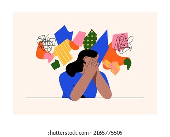 Woman with anxiety disorder. Disorder in women who experience stress and nervousness. The girl is experiencing mental chaos. The person suffers from a brain disorder