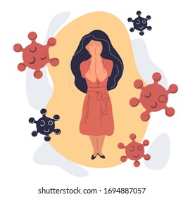 Las mujeres están en el virus de la corona de la ansiedad y el miedo. Ilustración del virus Covid-19. Ataque de pánico en ilustración de neumonía. Concepto de psicología, soledad, miedo o problemas de salud mental.