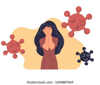 Woman are in anxiety and fear corona virus. Covid-19 virus illustration. Pneumonia illustration panic attack. Psychology, solitude, fear or mental health problems concept.