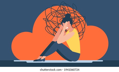 Woman with anxiety touch head surrounded by think. Mental disorder and chaos in consciousness. Frustrated girl with nervous problem feel anxiety and confusion of thoughts vector flat illustration. 