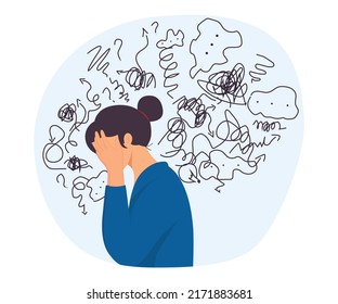 Woman with anxiety touch head surrounded by think. Mental disorder, confusion, finding answers concept. Vector Illustration.