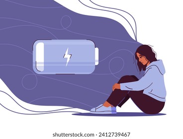 Woman in apathy concept. Young girl with low battery charge. Frustration and depression, loneliness. Mental issues and problems. Cartoon flat vector illustration isolated on white background