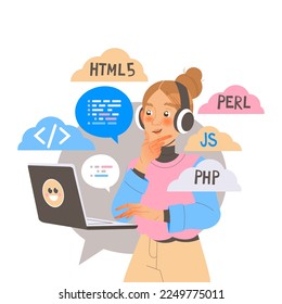 Woman App Dev with Laptop Professional Developing and Coding Software Application for Mobile Device Vector Illustration
