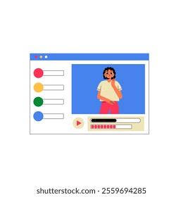 Woman Appearing In Online Video Player In Flat Vector Illustration Symbolizing Content Creation, Digital Media, And Online Communication, Isolated On White Background