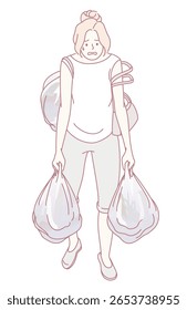 Uma mulher parece oprimida enquanto luta para carregar duas bolsas de lixo pesadas, mostrando desafios comuns do dia a dia