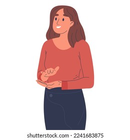Woman applauding. Female character clap her hands, smiling person with greeting or congratulating gesture flat vector illustration on white background