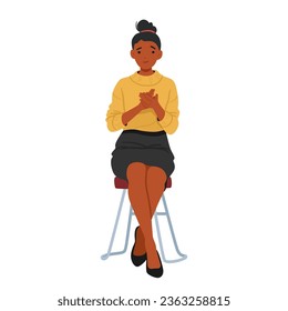 Woman Applauding Sitting on Chair, Cheering and Ovation Concept. Black Female Character Clap Hands Isolated on White Background. Support, Celebration, Appreciation. Cartoon People Vector Illustration