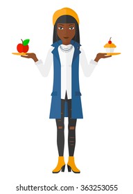 Woman with apple and cake.