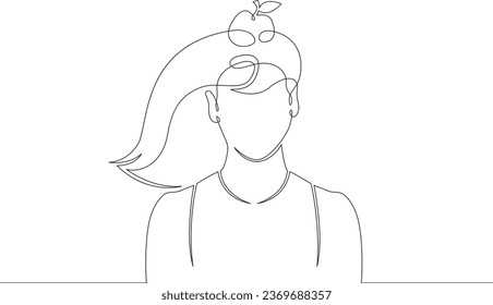 Woman with an apple on her head. Portrait of a girl. A female character holds an apple on her head. One continuous line. Linear. Hand drawn, white background.