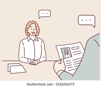 Woman applicant or candidate during job interview by recruiter. Hand drawn style vector design illustrations.