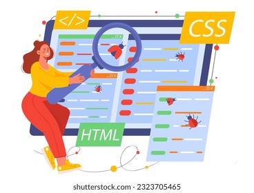 Woman with application code concept. Young girl with magnifying glass looks for errors in website or program code. Technical support and IT specialist, programmer. Cartoon flat vector illustration