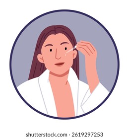 Mulher com aplicador perto mirror.Beauty procedure.Organic vegan face skincare essência. Menina tratando com produto de beleza de cuidados da pele facial.