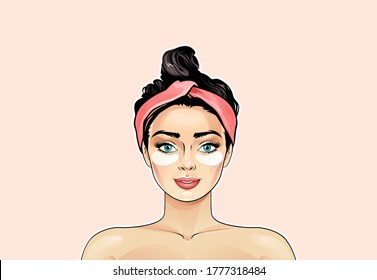 Woman applies collagen eye patches on her face as self care anti aging routine and treatment for dark circles, eye bags vector illustration in pop art style