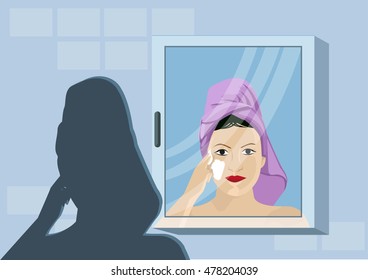 A woman applies a cream on her skin. Skincare concept. Editable Clip Art.