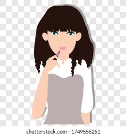 Woman applies lipstick concept on transparency background. Creative idea design. Flat vector illustration for template, brochure or presentation.