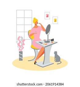 Woman applies makeup while sitting in front of the mirror. Vector flat illustration for design of beauty products, web banner, text article in a magazine, advertising of cosmetics.