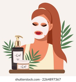 Woman applies a mask to her face. Self care concept. Woman doing beauty spa treatments for facial skin. morning routine. bathing. Vector illustration in a flat style