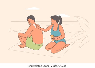 Woman applies SPF cream to groom back to avoid burns and harmful effects of solar radiation when visiting beach. Couple tourists use SPF to prevent sunburn and excess heat that causes exhaustion