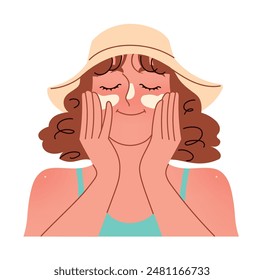 A woman applies sunscreen to her face SPF cream protection