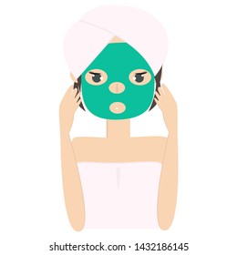 Woman apply cosmetic patches under the eyes. Beauty care concept. Vector flat isolated illustration.