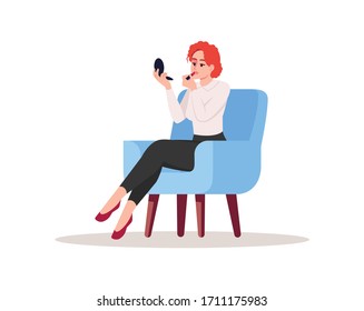 Woman apply makeup at home semi flat RGB color vector illustration. Woman looking in mirror and put on lipstick. Cosmetic application. Female beauty isolated cartoon character on white background